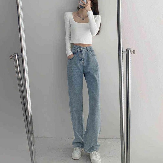 High Waist Blue Jeans Harajuku Korean Ulzzang Harajuku Denim Pants Wild Daily Casual Girl Loose Trouser Streetwear Jean Femme 220121