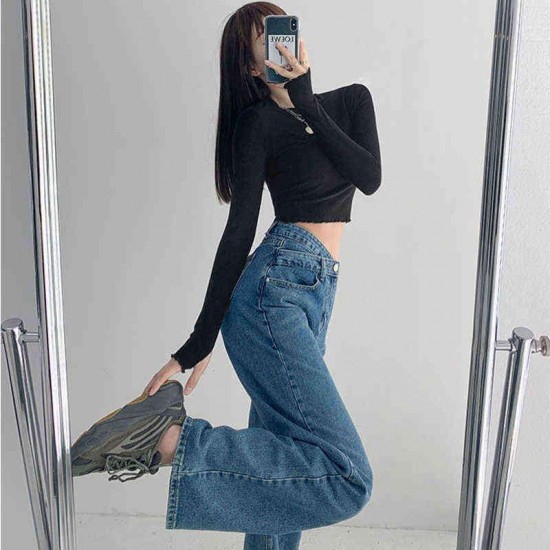 High Waist Blue Jeans Harajuku Korean Ulzzang Harajuku Denim Pants Wild Daily Casual Girl Loose Trouser Streetwear Jean Femme 220121