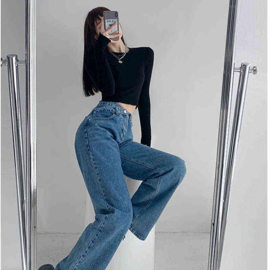 High Waist Blue Jeans Harajuku Korean Ulzzang Harajuku Denim Pants Wild Daily Casual Girl Loose Trouser Streetwear Jean Femme 220121