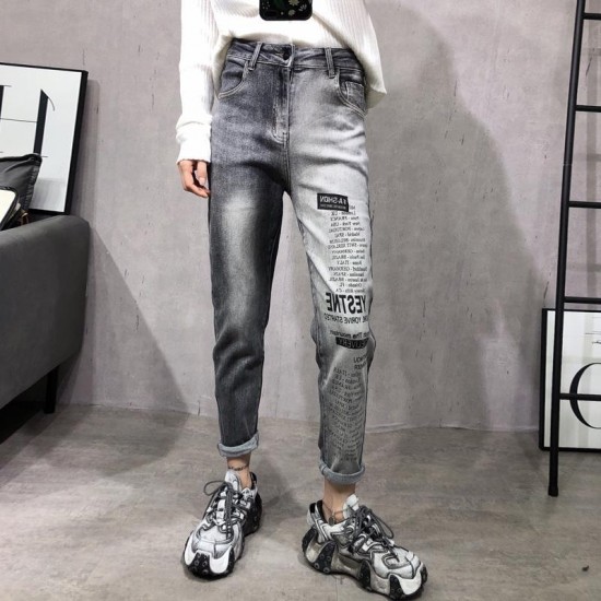 Women's Jeans Spring Autumn Streetwear Women Vintage High Waist Harem Pants Female Words Denim Trousers Patchwork Plus Size