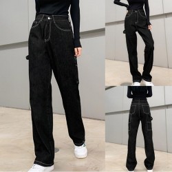 Jeans Ladies Fashion Pants Winter Women Sexy High Waist Black Retro Casual All-Match Belt Straight Tube Slim C50 Women's