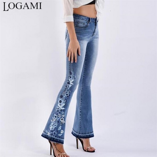 LOGAMI flower Embroidery skinny jeans woman vintage flare denim pants 210907