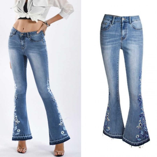 LOGAMI flower Embroidery skinny jeans woman vintage flare denim pants 210907