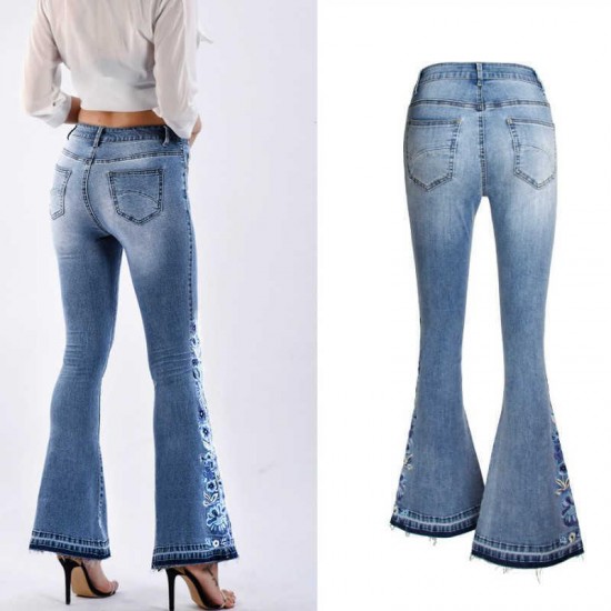 LOGAMI flower Embroidery skinny jeans woman vintage flare denim pants 210907