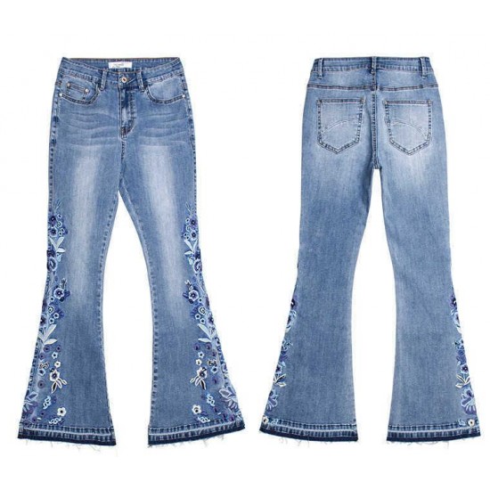 LOGAMI flower Embroidery skinny jeans woman vintage flare denim pants 210907