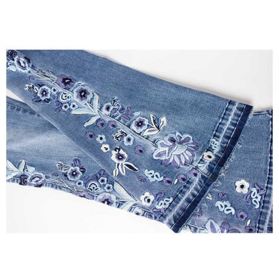 LOGAMI flower Embroidery skinny jeans woman vintage flare denim pants 210907