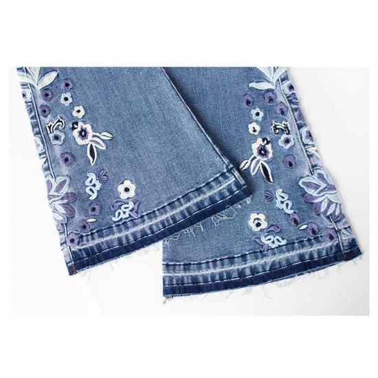 LOGAMI flower Embroidery skinny jeans woman vintage flare denim pants 210907