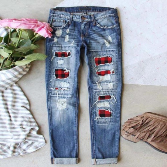 Women's Jeans Ripped Hole For Women Red Plaid Patchwork Skinny Pencil Pants Long Trousers Denim