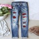 Women's Jeans Ripped Hole For Women Red Plaid Patchwork Skinny Pencil Pants Long Trousers Denim