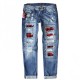 Women's Jeans Ripped Hole For Women Red Plaid Patchwork Skinny Pencil Pants Long Trousers Denim