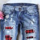 Women's Jeans Ripped Hole For Women Red Plaid Patchwork Skinny Pencil Pants Long Trousers Denim