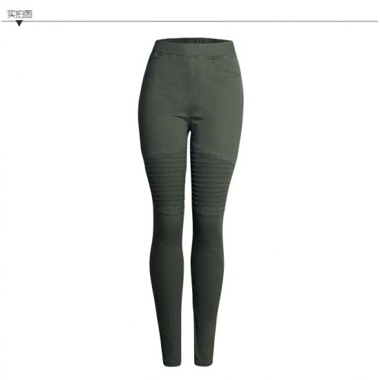 2020042303 Motor Biker High Waist Pleated Jeans Woman Army Green Stretchy Denim Skinny Pencil Pants Trousers For Women