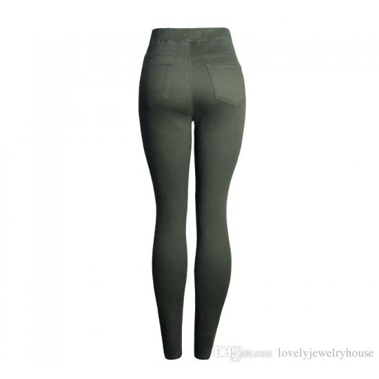 2020042303 Motor Biker High Waist Pleated Jeans Woman Army Green Stretchy Denim Skinny Pencil Pants Trousers For Women