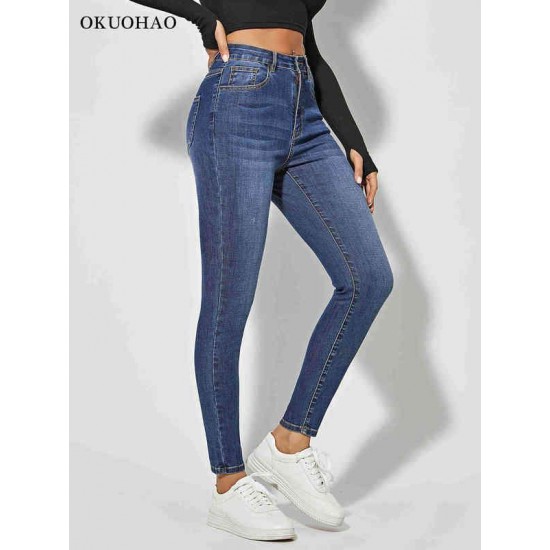 Skinny Jeans For Women Stretchy High Waist Classic Denim Pant Slim Hip Lift Mom Jean Fashion Blue Wash Five Pockets Pencil 220122