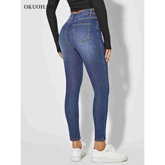 Skinny Jeans For Women Stretchy High Waist Classic Denim Pant Slim Hip Lift Mom Jean Fashion Blue Wash Five Pockets Pencil 220122