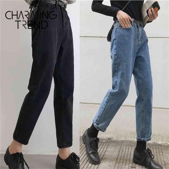 Womens Jeans Pant Black Korean Crop Girls Students Vintage Solid Long Pants Fit Female High Waist Denim Women 210907