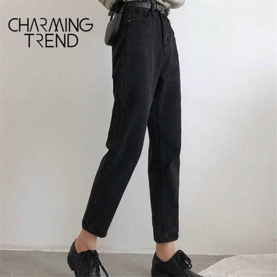 Womens Jeans Pant Black Korean Crop Girls Students Vintage Solid Long Pants Fit Female High Waist Denim Women 210907