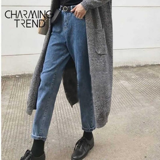 Womens Jeans Pant Black Korean Crop Girls Students Vintage Solid Long Pants Fit Female High Waist Denim Women 210907