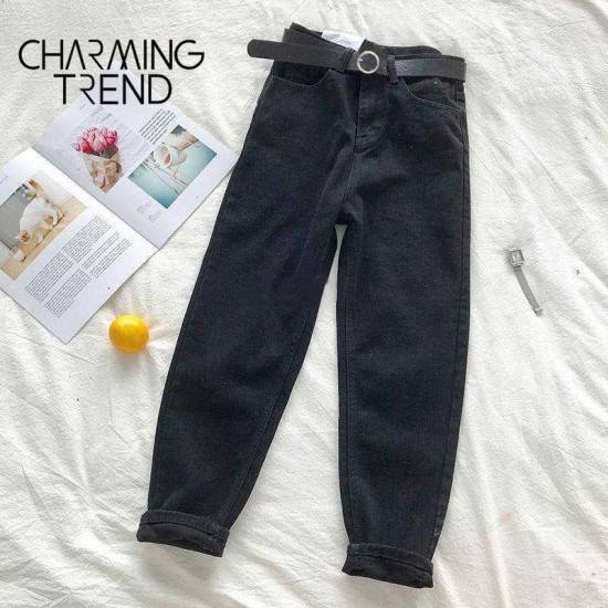 Womens Jeans Pant Black Korean Crop Girls Students Vintage Solid Long Pants Fit Female High Waist Denim Women 210907