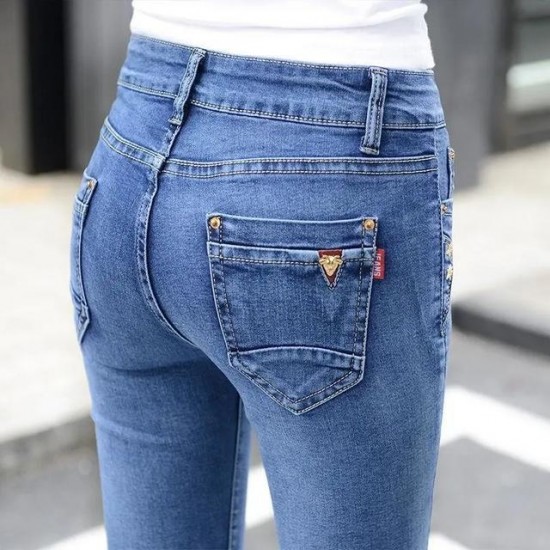 Women's Jeans Spring Autumn Stretch High Waist Women Trousers Slim Korean Pencil Pants Feet Denim Plus Size Female Zipper