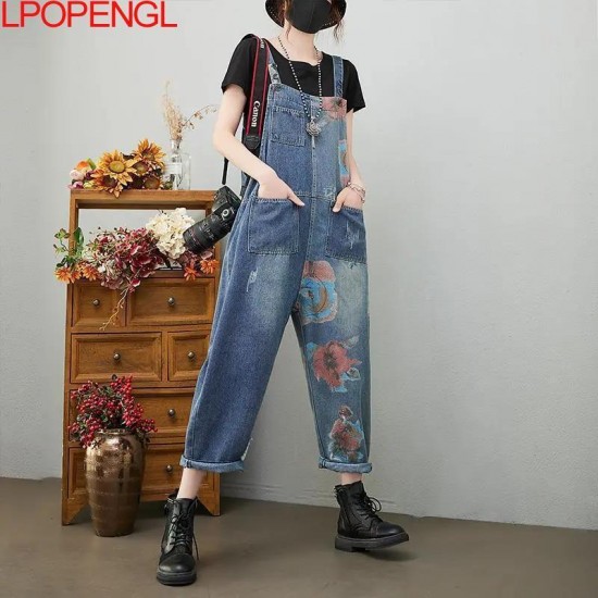 Women's Jeans Women Spring Fashion Vintage Print Loose Casual Overalls Lady Trousers Female Straight Streetwear Chic Baggy Jumpsuits Pants