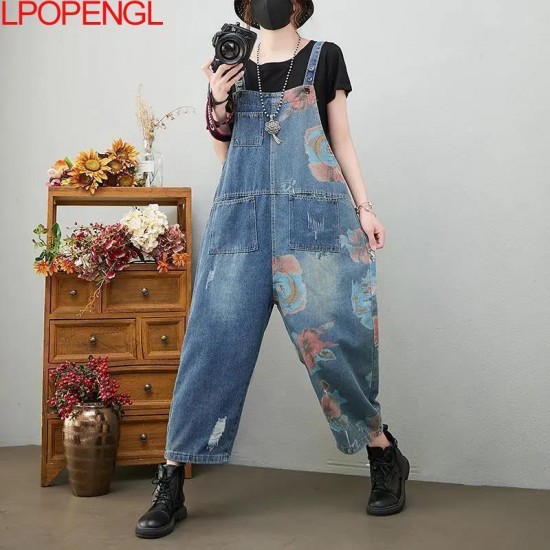 Women's Jeans Women Spring Fashion Vintage Print Loose Casual Overalls Lady Trousers Female Straight Streetwear Chic Baggy Jumpsuits Pants