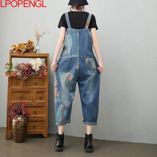 Women's Jeans Women Spring Fashion Vintage Print Loose Casual Overalls Lady Trousers Female Straight Streetwear Chic Baggy Jumpsuits Pants