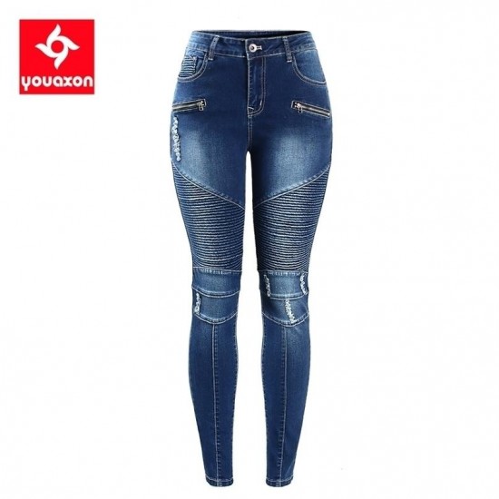 2077 Youaxon Women`s Motorcycle Biker Zip Mid High Waist Stretch Denim Skinny Pants Motor Jeans For Women 220124