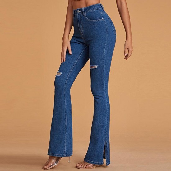 Women's Jeans Blue Ripped For Women 2022 Street Style Sexy High Waist Distressed Trouser Stretch Skinny Hole Denim Flared Pants X326