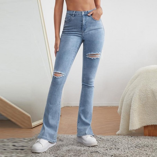 Women's Jeans Blue Ripped For Women 2022 Street Style Sexy High Waist Distressed Trouser Stretch Skinny Hole Denim Flared Pants X326