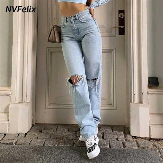 Womens Loose Fit Jeans Ripped Wide Leg For Women High Waist Blue Wash Casual Cotton Denim Trousers Summer Baggy Jean Pants 220122