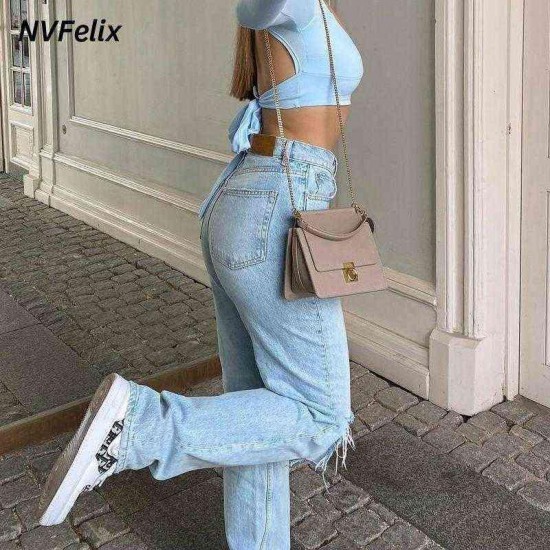 Womens Loose Fit Jeans Ripped Wide Leg For Women High Waist Blue Wash Casual Cotton Denim Trousers Summer Baggy Jean Pants 220122