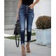 Women's Jeans Fashion Sexy Slim High Waist Retro-breasted Fringed Feet Elastic Ripped Women Trousers