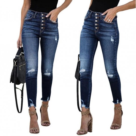 Women's Jeans Fashion Sexy Slim High Waist Retro-breasted Fringed Feet Elastic Ripped Women Trousers