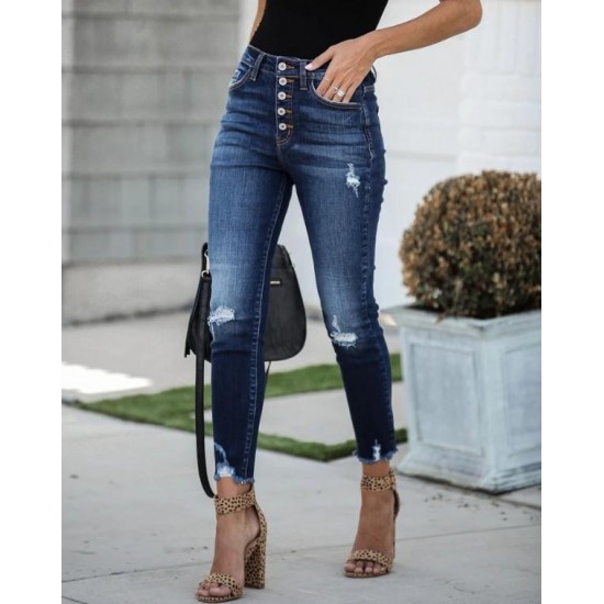 Women's Jeans Fashion Sexy Slim High Waist Retro-breasted Fringed Feet Elastic Ripped Women Trousers