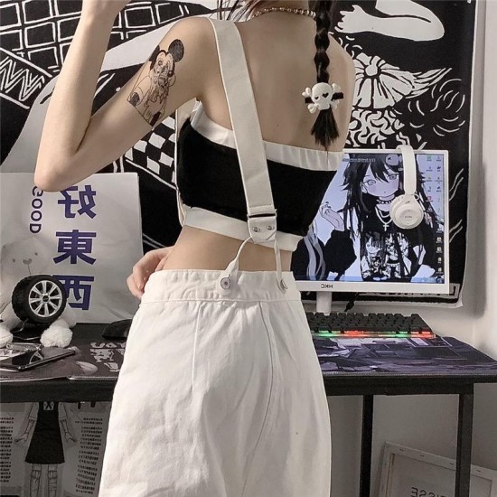 Women's Jeans Design Sense Thin And High Waisted One-shoulder Cross-body Women Y2K Vintage Streetwear White Suspender Womens