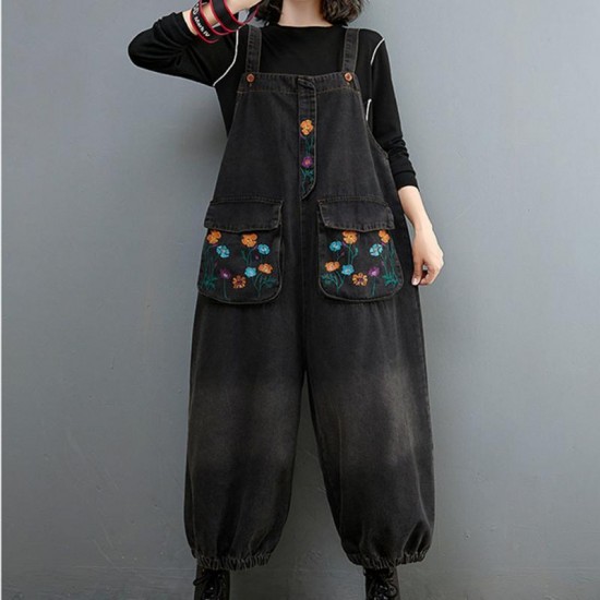 Women's Jeans 2022 Black Jumpsuit Women Casual Oversized Baggy Ladies Pants Big Pockets Print Floral Denim Overalls Straps Jean Rompers