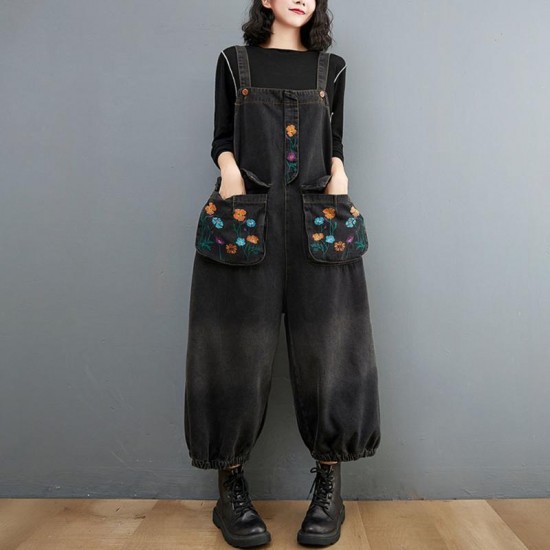 Women's Jeans 2022 Black Jumpsuit Women Casual Oversized Baggy Ladies Pants Big Pockets Print Floral Denim Overalls Straps Jean Rompers