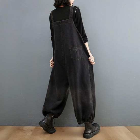 Women's Jeans 2022 Black Jumpsuit Women Casual Oversized Baggy Ladies Pants Big Pockets Print Floral Denim Overalls Straps Jean Rompers