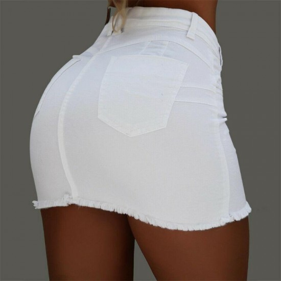 Women's Shorts 2022 Fashion Women High Waist Ripped Denim Mini Skirt Summer Sexy Stretch Button Solid Bodycon Short Pencil Skirts