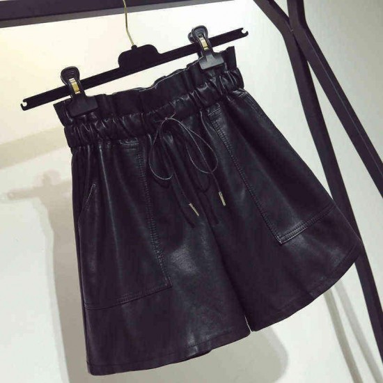 High waist women's shorts, wide leg leather shorts, loos