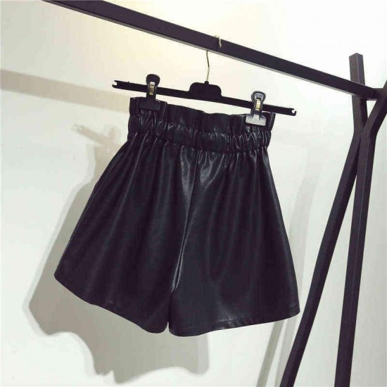 High waist women's shorts, wide leg leather shorts, loos