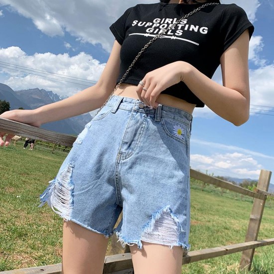 Women Shorts Ragged Denim Summer Fashion High Waisted Loose Wide Leg Hot Pants Irregular Hemming