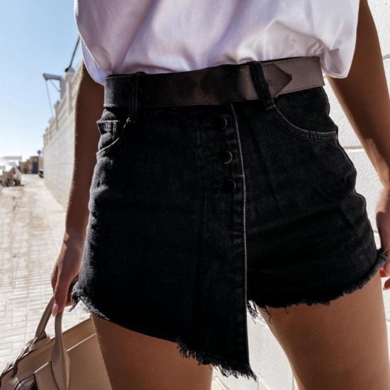 Women's Shorts Women Mid Waist Solid Color All-matched Multi Breasted Fake Skirt Denim Pockets Straight Short Jeans 2022