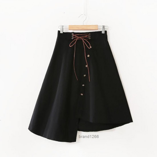 Korean Irregular Skirts Women Vintage Retro High Waist Lace Up Single Button Midi Skirt Female Solid A-Line Faldas Mujer