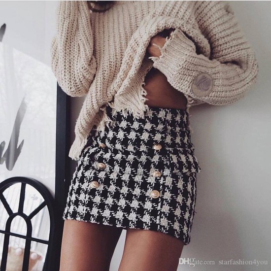 Premium New Style Top Quality Original Design Women's Double-Breasted Classic Skirt Metal Buckles Houndstooth Tweed Package hip Miniskirt