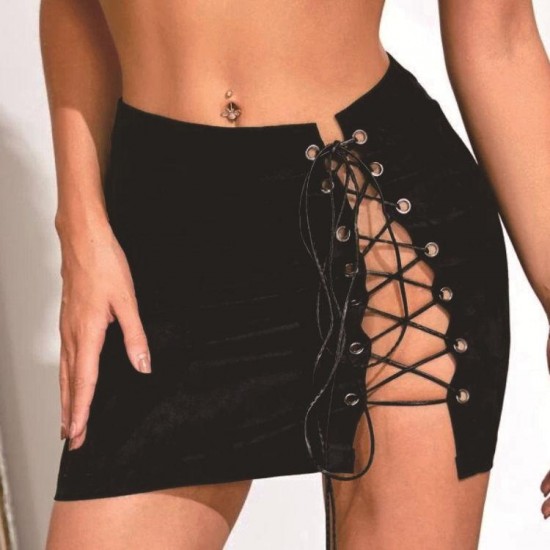 Skirts 2022 Women Straight Mini High Waist Lace-Up Hollow Bandage Split Skirt Bodycon Summer Sexy Club Hip Female