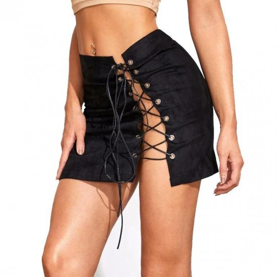 Skirts 2022 Women Straight Mini High Waist Lace-Up Hollow Bandage Split Skirt Bodycon Summer Sexy Club Hip Female