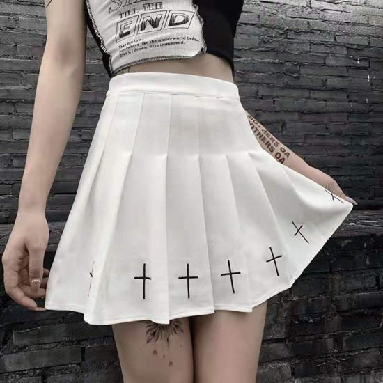 Skirts High Waist Mini Black Gothic Streetwear Cross Print Pleated Women Casual College Lolita Harajuku Skirt