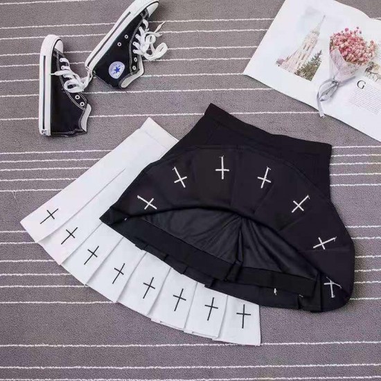 Skirts High Waist Mini Black Gothic Streetwear Cross Print Pleated Women Casual College Lolita Harajuku Skirt